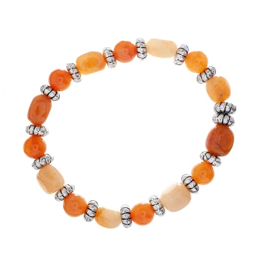 John Bead Peach Aventurine & Silver Rondelle Bead Stretch Bracelet